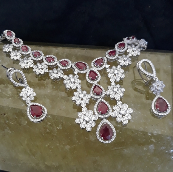Blood Red Ruby White Zirconia Sterling Silver Set - Picture 6 of 15
